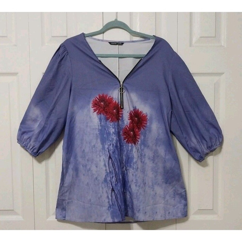 Noracora Floral Top XXL Purple Red Quarter Zip 3/4 Balloon Sleeves